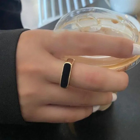 925 Sterling Silver Black Bar Ring Black Square Ring Gold Thick Ring Band - Picture 6 of 6